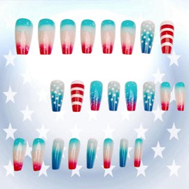 Independence Day Press on Nails Long Length Ballet Shaped Stars Stripes Pattern Design 4th July Press Ons Fake Nail Red Blue Smudge Gradient Glitter Artificial Fingernails Glue on Nail for Women