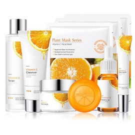 Set De Cuidado Facial Con Vitamina C, 9 Piezas Con 3 Mascarillas De Miel, Jabón, Gel De Ducha, Tónico, Suero, Crema Hidratante, Contorno De Ojos Y Kit