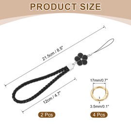 sourcing map 2Pcs Wristlet Lanyards, 4.7" Leather Keychain Strap with Flower Charm for Clutch Cellphone Keychain Wallet Purse Accessories, Black
