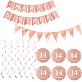 Happy 14th Birthday Banner + Triangle Flags Happy Birthday Garlands + 14th Birthday Hanging Decoration Spirals Set, Rose Gold 14th Birthday Decoration for Girls, 14th Birthday Girls Hanging Decoration
