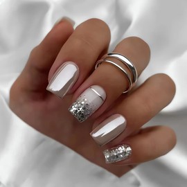 RTKHFZE Square Press on Nails Silver Fake Nails Medium Length Glue on Nails for Women Full Cover Glossy False Nails with Designs Medium Square Acrylic Nails for Nail Decorations 24PCS