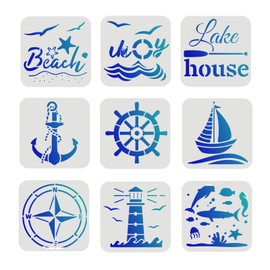 FINGERINSPIRE Pack of 9 Compass Stencils 15 x 15 cm Plastic Nautical Theme Painting Stencil Sea Life Stencil Anchor Beach Sailing Boat Lighthouse Pattern Stencils for Painting on Wood, Floor, Wall