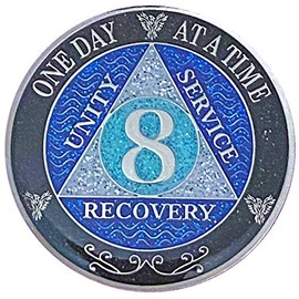 (Years 1-50) 8 Year AA Recovery Silver Color Plated Glitter Medallion, Black Rainbow, Blue, Silver Glitter Coin, Epoxy Covered (AA 8 Year Glitter Medallion)