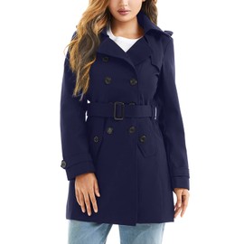 poonyfesh Women's Waterproof Trench Coat Double-Breasted Classic Lapel Petite Overcoat Belted Slim Outerwear Coat Large Navy
