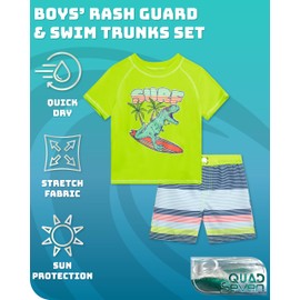 Quad Seven Baby Toddler Boys Swim Set - 2 Piece Swim Trunks and Boys Rash Guard Short Sleeve Kids Swimwear (Sizes: 12M-7), Size 3T, Neon Green Dino