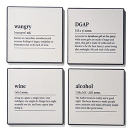 American Atelier Ceramic Drink Coasters, Set of 4 Absorbent Beverage Coasters with Elevated Rim & Fun Phrases, Use for Tabletop Protection, Pillar Candle Holder or Small Planter Plate, 4x4” Square
