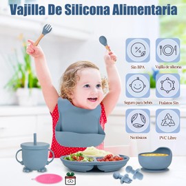 Set De 9 Cubiertos Para Bebé, Set De Suplementos De Silicona Para Bebé, Tazón, Taza con Pajita, Babero, Taza para Sorber, Taza para Beber, Cuchara y Tenedor, Fácil de Limpiar(Gris Azul)