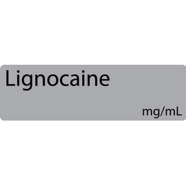 Lignocaine Anesthetic Syringe Labels - Box of 800 Labels on Roll (1" core). 12mm x 40mm (Approx 0.5" x 1.5"). Latex-Free Permanent Adhesive. Printed in Australia by Specialist Medical Printer