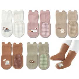 Exemaba Baby Socks with Grips for Girls Boys Cute Animal Cartoon Toddler Kids Anti-Slip Socks(E 5 Colors,L/3-5 Years)