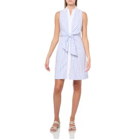 Eliza J Women's Petite Size Sleeveless Shirt Collar Cotton Shift Dress, Blue, 12