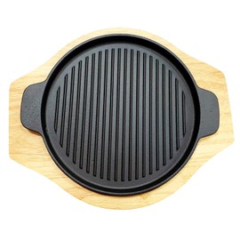 Round Grill Cast Iron Set W/Rubber Wood Underliner, for Steak, Meat, Fish (10.25" Grill)