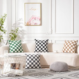 WACOMECO Decorative Throw Pillow Covers - Soft Sherpa Checkerboard Cushion Covers Faux Fur Pillow Cases for Sofa Bedroom Livingroom Car, 20 x 20 in, Dark Green and Off White