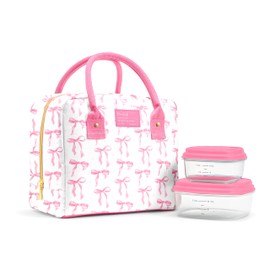Fit & Fresh Bloomington Lunch Bag for Women - Insulated Large Lunch Box for Work with Containers, Leak-Resistant, Stain-Resistant, Zipper Closure, Pink Bows