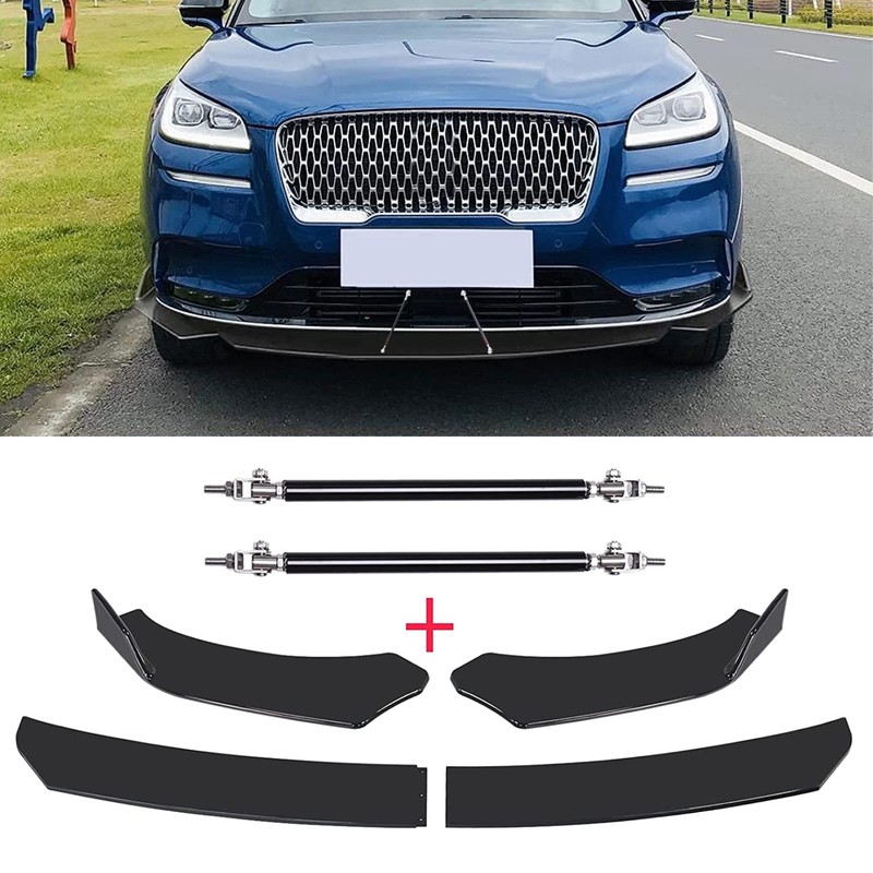Black Front Bumper Lip Splitter Spoiler + Strut Rods Compatible