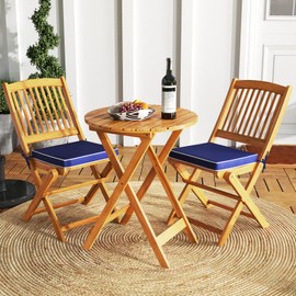 Giantex Patio Bistro Set 3 Pieces, Outdoor Acacia Wood Folding Table & Chairs Set with 2 Padded Cushions, Patio Conversation Furniture Set for Backyard, Garden, Balcony, Poolside (Natural & Navy)