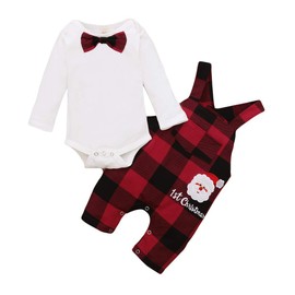 Xuuly Baby Boy Girl Christmas Outfits Merry Christmas Hat Tie Romper Santa Plaid Striped My First Christmas Baby Boy (12-18 Months)