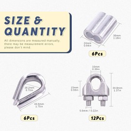Glarks 24Pcs M8 Wire Rope Cable Clip Clamp with Cable Thimbles Combo and Aluminum Crimping Loop Sleeve Set for Wire Rope Cable Thimbles Rigging (5/16'')
