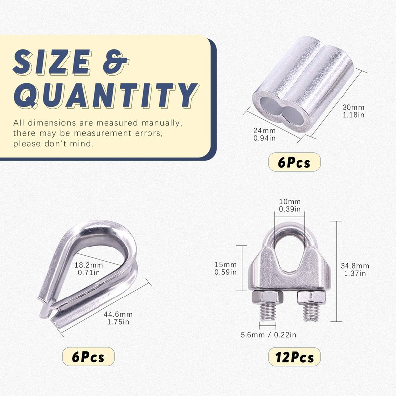 Glarks 24Pcs M8 Wire Rope Cable Clip Clamp with Cable