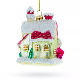 BESTPYSANKY Winter Wonderland Snow-Covered House Blown Glass Christmas Ornament