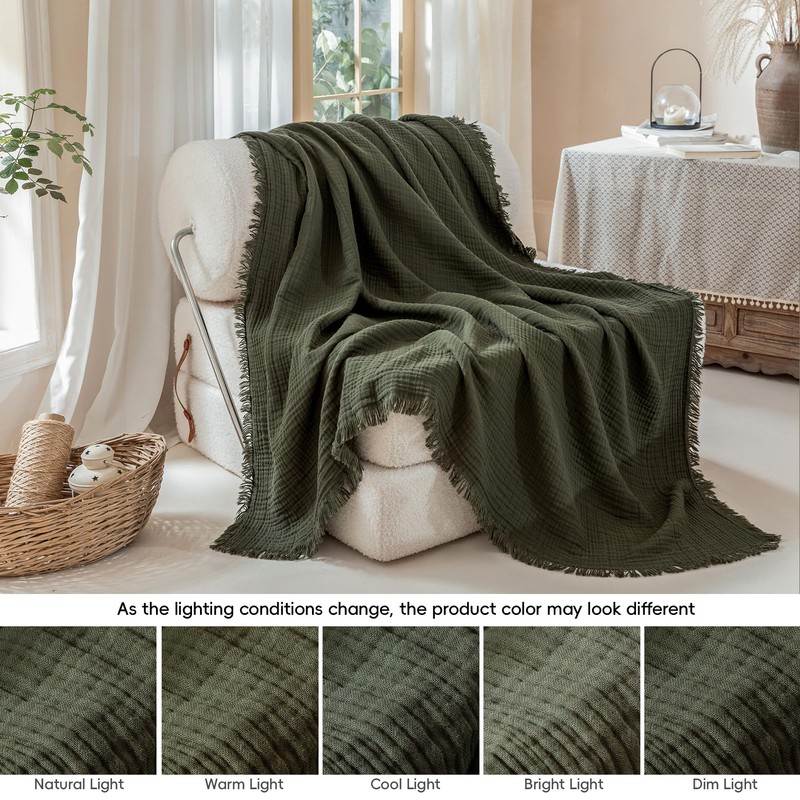 XINJU Muslin Fringe Blankets for Adults: 100% Cotton Cloud Soft