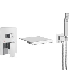 Aolemi Wall Mount Bathtub Faucet Bath Tub Faucet Set Waterfall Tub Filler with Handheld Sprayer Single Handle Solid Brass Rough-in Valve,with Bevel Angle Spout,Polish Chrome