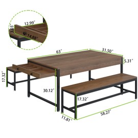 Loomie 63" Dining Table Set for 4-6, 3-Piece Kitchen Table with 2 Utensil Drawers, 2 Benches & Wine Rack, Modern Space Saving & Heavy Duty Dinner Table Set with Metal Frame & MDF Board,Walnut
