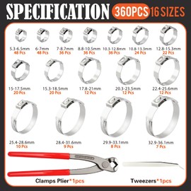 360Pcs 16 Sizes 304 Stainless Steel Stepless Single Ear Hose Clamp Assortment Kit,Adjustable 5.3-36.1mm,with Ear Clamp Pincer Tool,for Fuel Line,Automotive,Industry,Home Pipeline