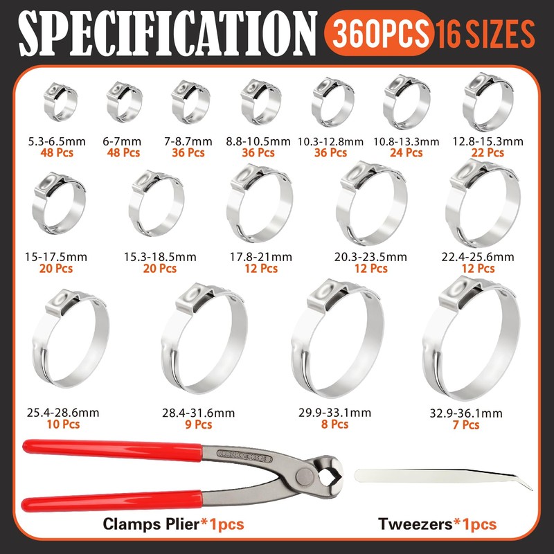 360Pcs 16 Sizes 304 Stainless Steel Stepless Single Ear Hose
