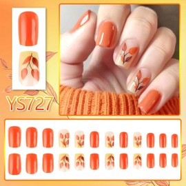 Fall Press on Nails Thanksgiving Short Square Fake Nails with Designs Orange Maple Leaf Glue on Nails 24 Pcs Reusable Acrylic Nail for Women WYFHDT