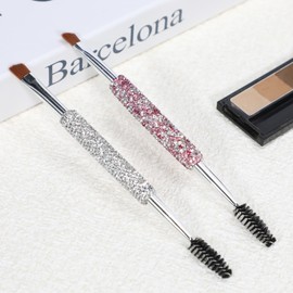 Duo Eyebrow Brush Angled Eye Brow Brush Eyebrow Spoolie Blings Rhinestone Makeup Brush 2 in 1 Brow and Liner Dual Brush Glitter Eyelash Brush Tool (Pink)