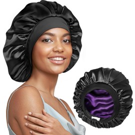 Umisleep 22 Momme 100% Mulberry Silk Bonnet, Black and Purple | Retain Hair Moisture, Larger Double Layer, Hair Bonnet For Women & Men, Elastic Band, Non-Slip Hair Bonnet