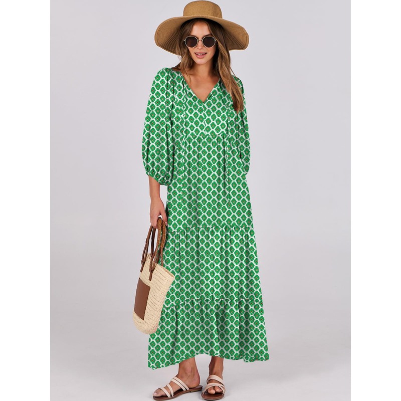 ANRABESS Womens Boho Maxi Dresses 2025 Summer V Neck Puff