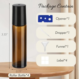 GIVITASOT 10ML Essential Oil Roller Bottles, 4 Pack Brown Oil Roller Bottles for Essential Oils, Roll on Bottle with Stainless Steel Balls(4 Labels, Opener, Funnel, Dropper Included)