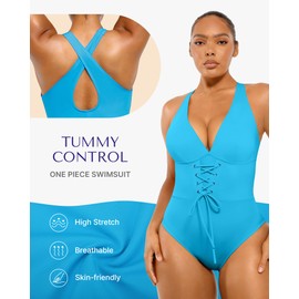 SHAPELLX Women One Piece Swimsuits Tummy Control Bathing Suits with Push Up and Crisscross Back Slimming Swimwear Blue M