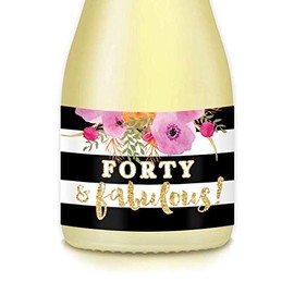 40th Birthday Party Mini Champagne Wine Bottle Labels Forty & Fabulous! Celebrate Set Floral 3.5 x 1.75 Inches Favor