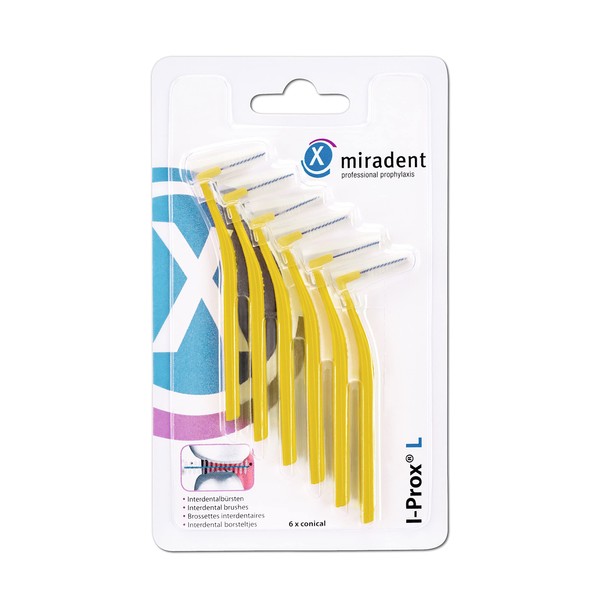 miradent I-Prox® L Interdental Brush 0.5 mm Yellow X-Fine Pack of 6 | For Easy Thorough Cleaning of Interdental Spaces | Pocket Format | With Hygienic Protective Cap | Ideal for on the Go