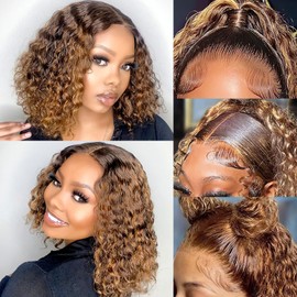 TOYERE Highlight Ombre Bob Wig Human Hair 13x6 Deep Curly Wave Lace Frontal 4/27 Colored, 200 Density Short Wigs for Women Pre Plucked with Baby Hair Natural Hairline (16 Inch)