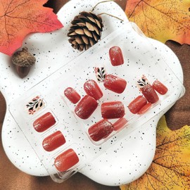 Fall Press on Nails Short Square Red Fake Nails Press Ons Golden Glitter Glossy False Nails Reusable Full Cover Floral Stick on Nails for Women Manicure 24 Pcs