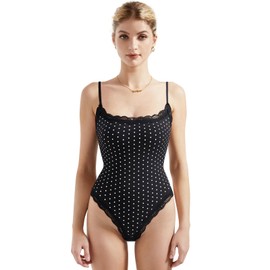 SUUKSESS Women Square Neck Lace Bodysuit Double Lined Sleeveless Spaghetti Strap Tank Top (Black Polka Dots,XS)