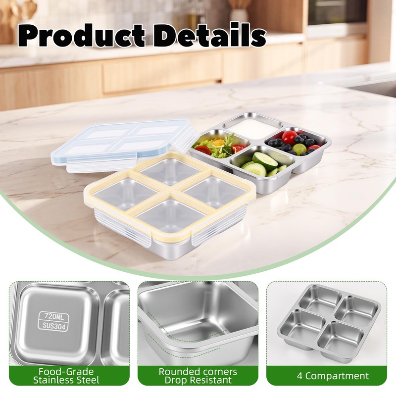 4 Pack Stainless Steel Snack Containers, 4 Compartments，24 oz，Leak-Proof