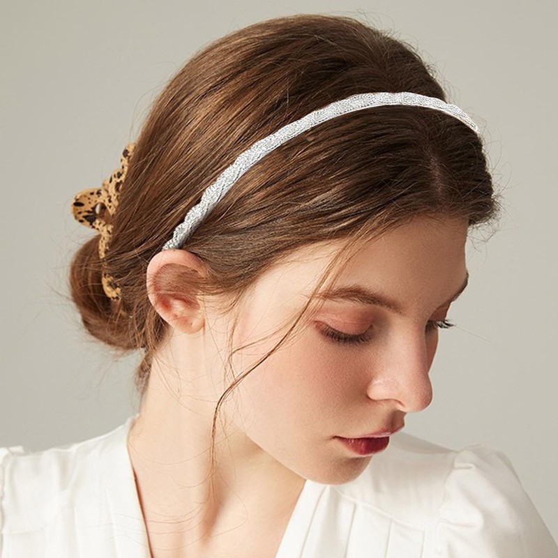 4Pcs Beautiful Sparkly Bead Headbands Non-Slip Elegant Braided Thin Hair