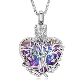 XSMZB Tree of Life Urn Necklace for Women Crystal Heart Cremation Jewelry for Ashes Keepsake Ashes Pendant for Human Pet(Silver Purple)
