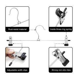 PMELCXD Trouser Hangers, Skirt Hangers with Adjustable Non-Slip Clips Pants Hangers,Space Saving Metal Hangers for Coat Garment Jeans,Hangers for Kids Adults(10 Pack)