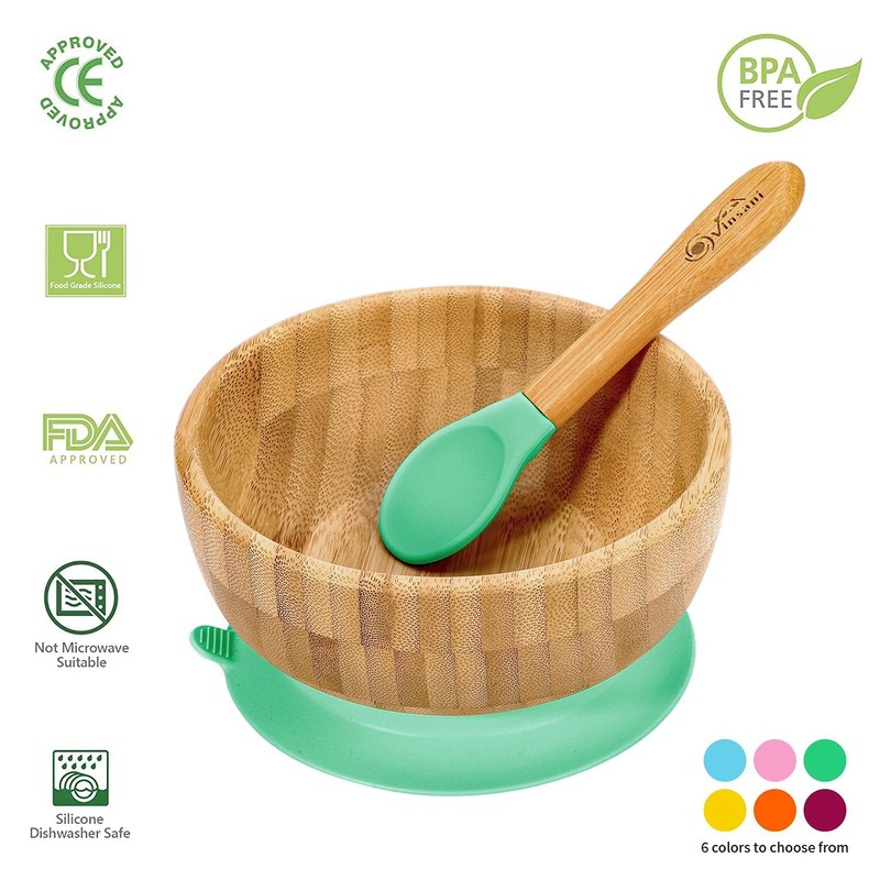 Vinsani Bamboo Bowl and Spoon Set for Baby/Toddler, Suction Plate,