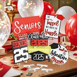 2025 Graduation Decorations - 6 Pieces Wooden Sign Tiered Tray Centerpiece with Stand | Class of 2025 Grad Party Table Decor | Senior 2025 Graduation Theme Decorations (Red)