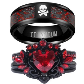 Couple Rings Matching Rings Black Wings Skull Ring 1.5ct Red CZ Womens Wedding Ring Sets Punk Ring