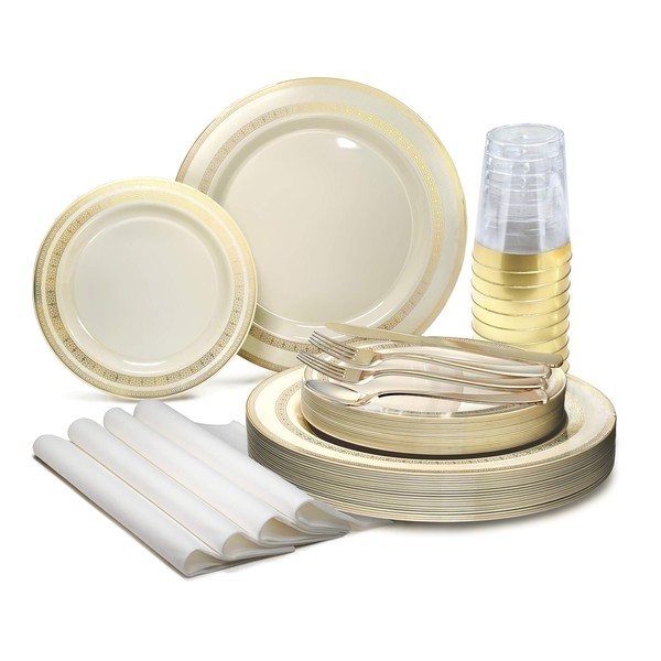 " OCCASIONS " 320pcs set (40 Guests)-Heavyweight Wedding Party Disposable Plastic Plate Set -40 x 10.5'' + 40 x 7.5'' + Silverware + Cups +linen like paper Napkins (Lace Ivory & Gold)