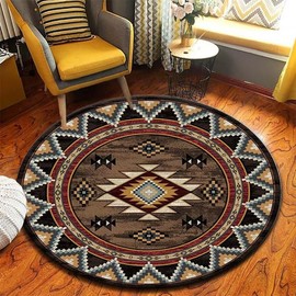 Alfombra redonda tradicional del suroeste tribal de 3 pies, estilo retro, geométrica, abstracta, de pelo bajo, resistente a las manchas, color negro y café
