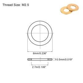 sourcing map 100Pcs M2.5 Flat Washer, Brass 2.7mm ID x 6mm OD x 0.5mm Thick for Bolt Screw, Factories Repair, Kitchens, Shops, and Outdoor Construction
