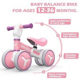 Baby Balance Bike for 1 Year Old Boys Girls, 12-36 Months Riding Toys Toddler Bike with Adjustable Seat, No Pedal Infant 4 Wheels Bicycle, Baby's First Bike First Birthday Gift Christmas